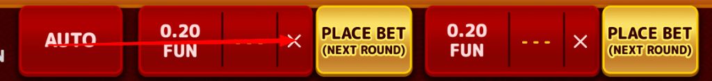 Bet control panel showing AUTO mode, a 0.20 FUN stake and the place bet buttons