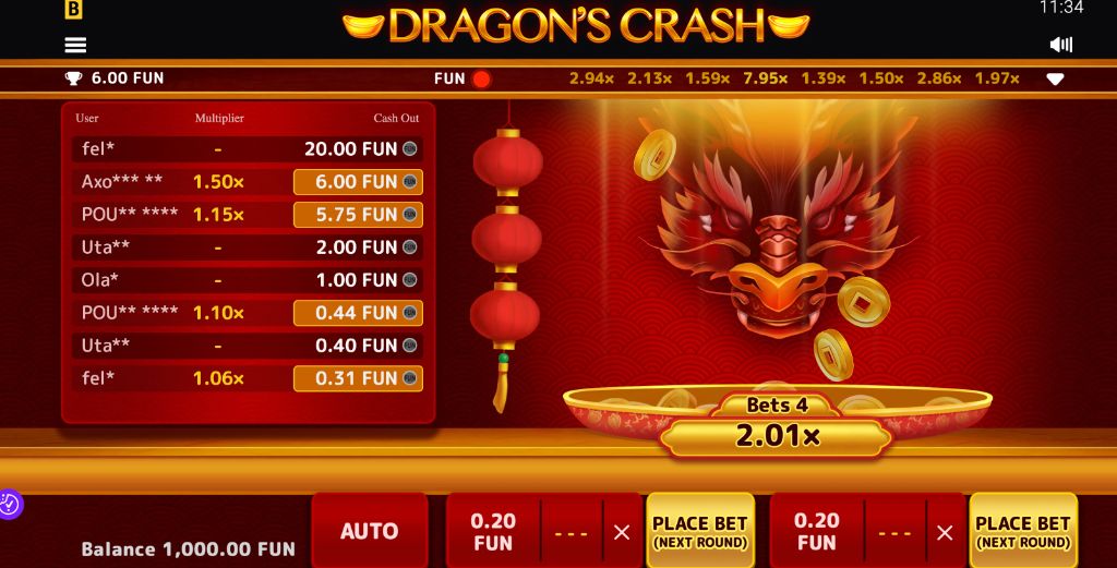 Full desktop interface with balance, bet buttons, multiplier tray, live bets and history bar