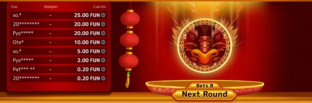 Pre-round screen showing queued bets and the dragon emblem inside a golden ring