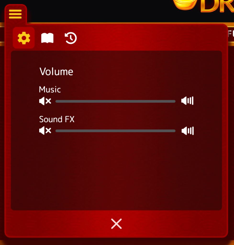 Settings panel with music and sound effects volume sliders